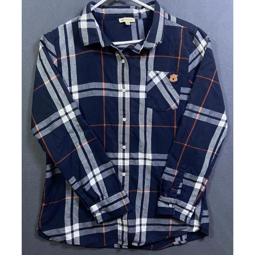 Womens UG Apparel Auburn Tigers Navy/Orange Plaid Flannel Button Down L/S 1X EUC
